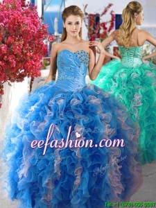 Luxurious Beaded and Ruffled Organza Quinceanera Dress in Blue and White