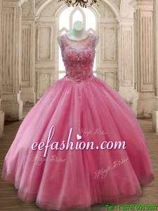 Fashionable Scoop Rose Pink Tulle Quinceanera Dress with Beading