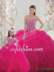 2015 Winter Classical Ball Gown Beaded and Ruffles Macthing Sister Dresses in Hot Pink