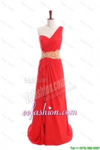 Appliques and Ruffles One Shoulder Prom Dresses with Sweep Train In Stock