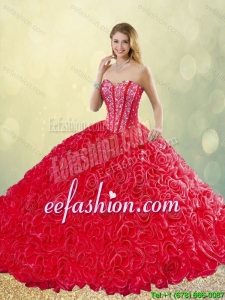 New Style Brush Train Rolling Flowers 2016 Quinceanera Dresses in Red