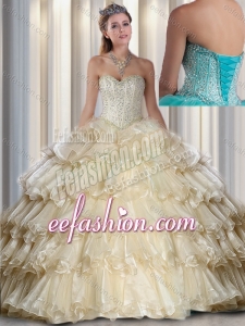 2016 Hot Sale Sweetheart Beading and Ruffled Layers Champagne Quinceanera Dresses