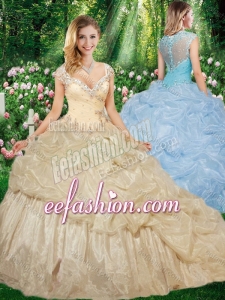 Gorgeous Straps Brush Train Champagne Quinceanera Gowns with Beading