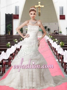 Beautiful Strapless A Line Chapel Train Appliques Lace Wedding Dresses