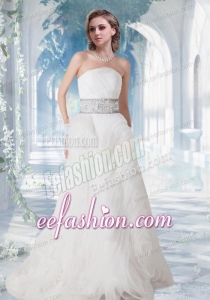 2014 Pretty Strapless Brush Train Beading Wedding Dress