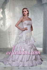Gorgeous A Line Strapless Brush Train Wedding Dresses with Beading
