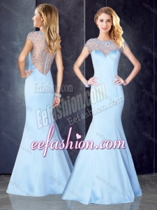 2016 See Through Back Beaded Light Blue Stylish Prom Dress with Cap Sleeves