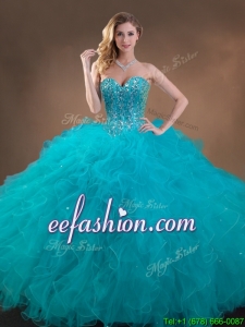 Exquisite Big Puffy Teal Sweet 16 Gown with Beading and Ruffles