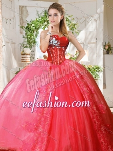 Romantic Puffy Skirt Beaded and Applique Amazing Quinceanera Dresses in Coral Red