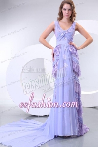 Column V-neck Chiffon Lace Watteau Train Prom Dress for 2014 Spring