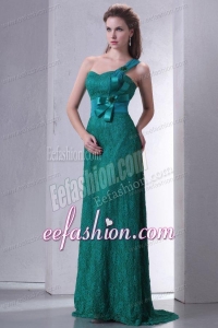 Turquoise Empire One Shoulder Lace Prom Dress with Flowers