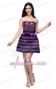 Multi-color Strapless A-line Ruffled Layers Sequins Knee-length Prom Dress