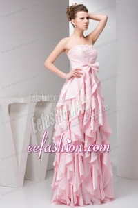 Pretty Empire Strapless Floor-length Taffeta Ruffles and Bowknot Pink Prom Dress