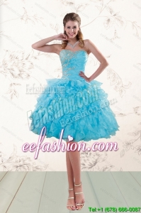 2015 Fashionable Baby Blue Beading Prom Gown with Ruffles