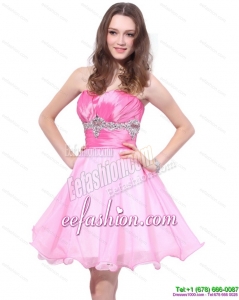 Rose Pink 2015 Mini Length Prom Dresses with Beading and Ruching