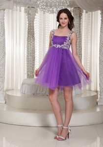 Appliqued Straps Celebrity Inspired Dress to Mini-length in Purple on Sale