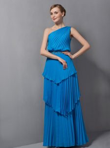 Simple Blue One Shoulder Mother Dress with Layers and Pleats on Promotion