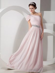 Baby Pink Empire One Shoulder Chiffon Sweet Prom Dress in Floor-length