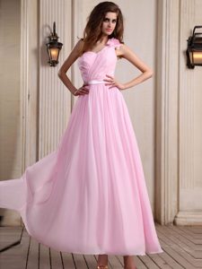 Nice Rose Pink One Shoulder Ankle-length Prom Gown Dress with Ruching