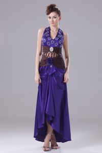 Halter-top Purple Prom Theme Dresses with Beads and Handle Flower in Taffeta
