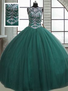 Dark Green Sleeveless Floor Length Beading Lace Up Ball Gown Prom Dress
