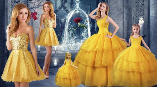 Sleeveless Organza Floor Length Lace Up Ball Gown Prom Dress in Gold with Ruffled Layers
