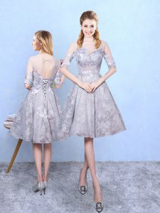 Grey Quinceanera Dama Dress Prom and Party with Appliques Scoop Half Sleeves Lace Up