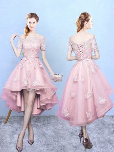 Off The Shoulder Short Sleeves Lace Up Court Dresses for Sweet 16 Baby Pink Tulle
