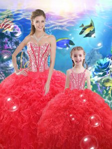 Custom Made Coral Red Ball Gowns Beading and Ruffles Sweet 16 Quinceanera Dress Lace Up Organza Sleeveless Floor Length