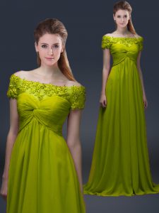 Most Popular Floor Length Olive Green Mother Of The Bride Dress Off The Shoulder Short Sleeves Lace Up