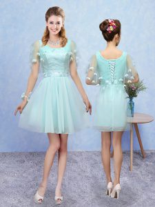 Adorable A-line Dama Dress for Quinceanera Aqua Blue Scoop Tulle Sleeveless Mini Length Lace Up