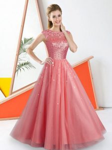 Noble Beading and Lace Wedding Guest Dresses Watermelon Red Backless Sleeveless Floor Length
