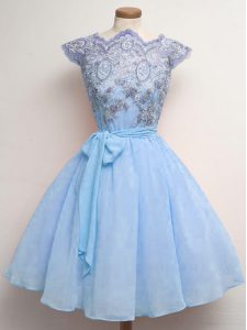 Graceful Blue Lace Up Scalloped Lace and Belt Quinceanera Court of Honor Dress Chiffon Cap Sleeves