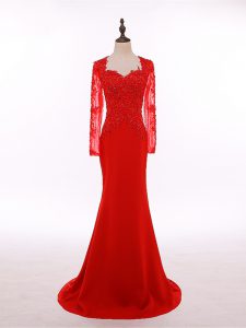 Suitable Scoop Long Sleeves Mother Of The Bride Dress Floor Length Lace and Appliques Red Chiffon