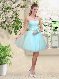 Superior Lace and Belt Bridesmaid Dress Aqua Blue Lace Up Sleeveless Knee Length