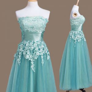 Sumptuous Light Blue Sleeveless Tea Length Appliques Lace Up Bridesmaid Dresses