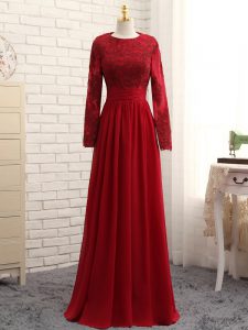 Adorable Wine Red Empire Lace and Appliques Mother Of The Bride Dress Zipper Chiffon Long Sleeves Floor Length