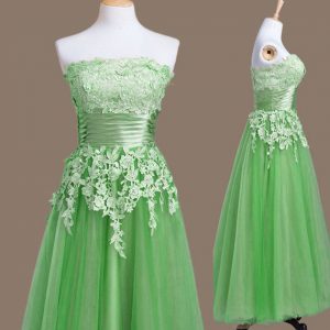 Adorable Green Sleeveless Appliques Tea Length Bridesmaid Gown