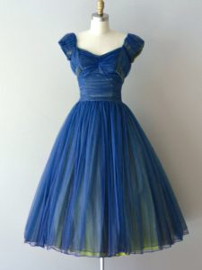 Cap Sleeves Knee Length Ruching Lace Up Bridesmaid Dresses with Blue
