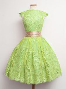 Yellow Green Lace Up Dama Dress for Quinceanera Belt Cap Sleeves Knee Length