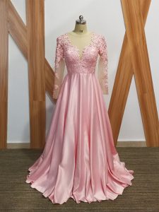 Best Long Sleeves Elastic Woven Satin Backless Mother Of The Bride Dress in Baby Pink with Beading and Appliques