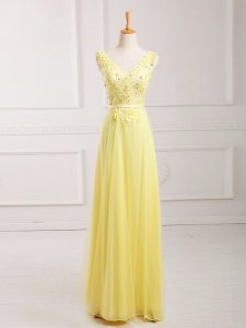 Modern Yellow Zipper V-neck Lace and Appliques and Belt Homecoming Dress Chiffon Sleeveless