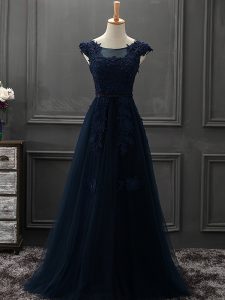 Scoop Sleeveless Lace Up Evening Dress Navy Blue Tulle