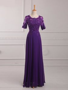 Purple Chiffon Zipper Mother Of The Bride Dress Half Sleeves Floor Length Lace and Appliques