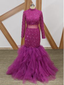 Elegant Fuchsia High-neck Zipper Lace and Ruffles Mother Of The Bride Dress Long Sleeves