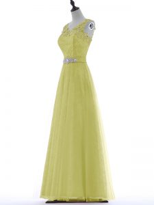 Yellow Tulle Zipper Homecoming Dress Sleeveless Floor Length Beading and Lace and Appliques