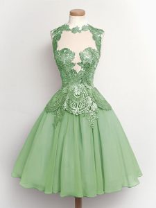 High-neck Sleeveless Bridesmaid Dress Knee Length Lace Green Chiffon