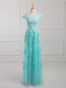 Designer Tulle Short Sleeves Floor Length Mother Of The Bride Dress and Beading and Lace and Appliques