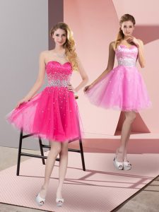 Sexy Hot Pink Tulle Zipper Cocktail Dress Sleeveless Mini Length Beading