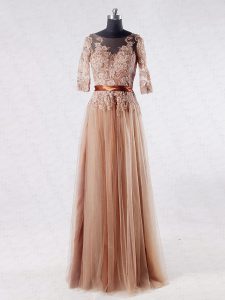 Tulle Scoop Half Sleeves Zipper Lace and Appliques Mother Of The Bride Dress in Brown